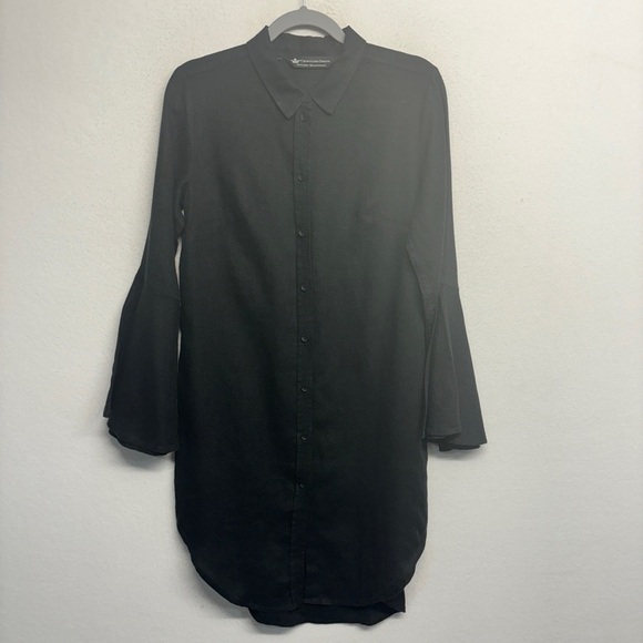 CROWN LINEN DESIGNS Black Linen Bell sleeves Button Down Shirt Tunic Dress S - Picture 1 of 6